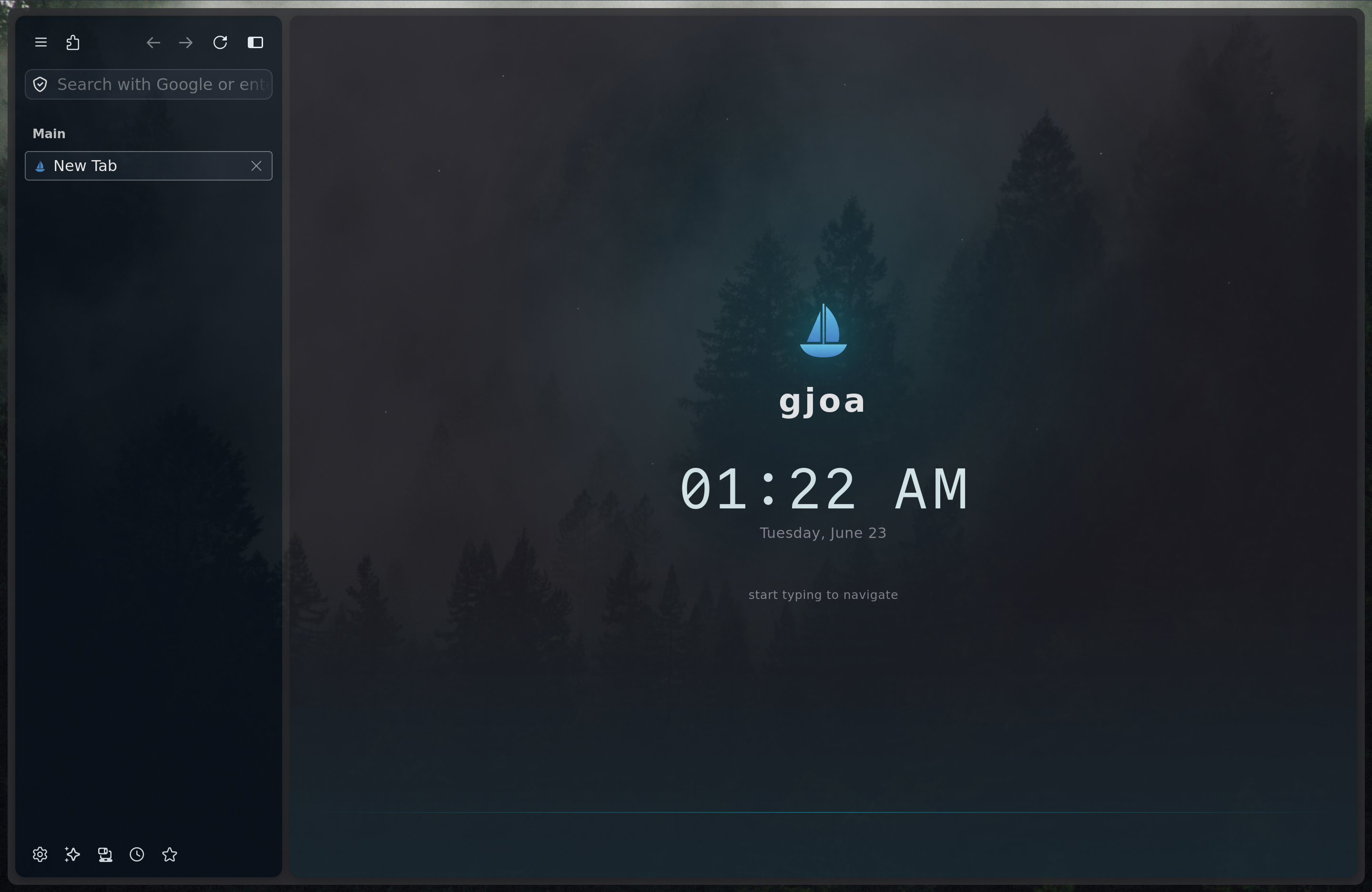 Gjoa browser showing its dark new-tab page, one of its two custom tab surfaces (vertical sidebar), and navigation controls